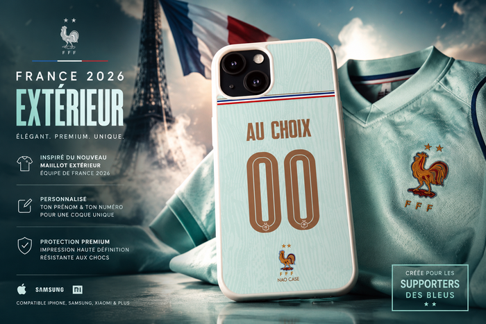 Coque France 2026 extérieur personnalisée prénom numéro inspirée du maillot des Bleus