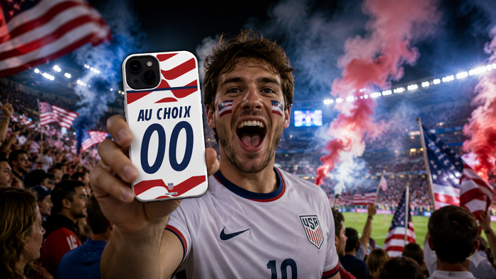 Supporter USA tenant une coque personnalisée NAO CASE Coupe du Monde 2026