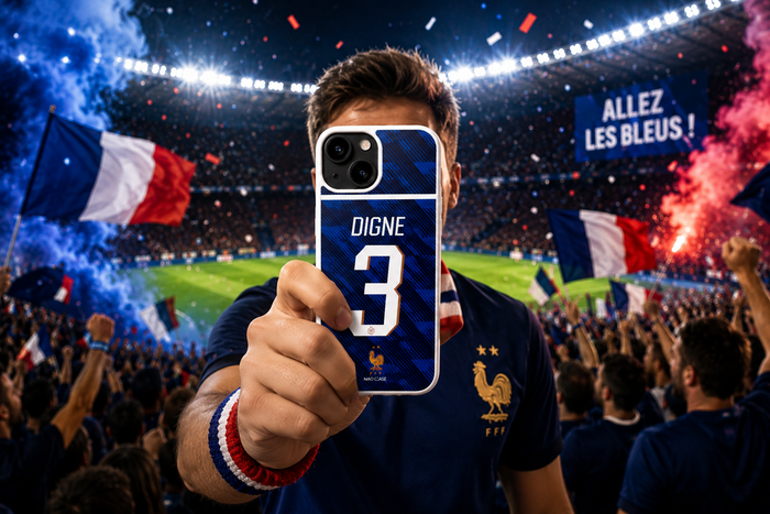 Coque Équipe de France personnalisée avec prénom et numéro inspirée du maillot des Bleus