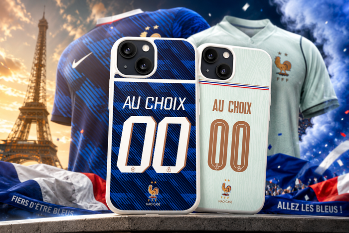 Coque Équipe de France personnalisée prénom numéro inspirée du maillot des Bleus