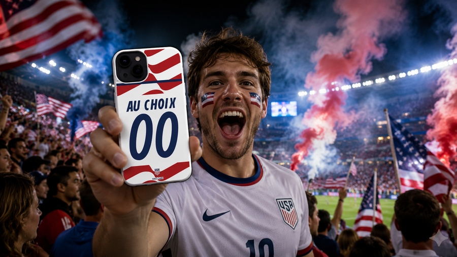 Supporter USA tenant une coque personnalisée NAO CASE Coupe du Monde 2026